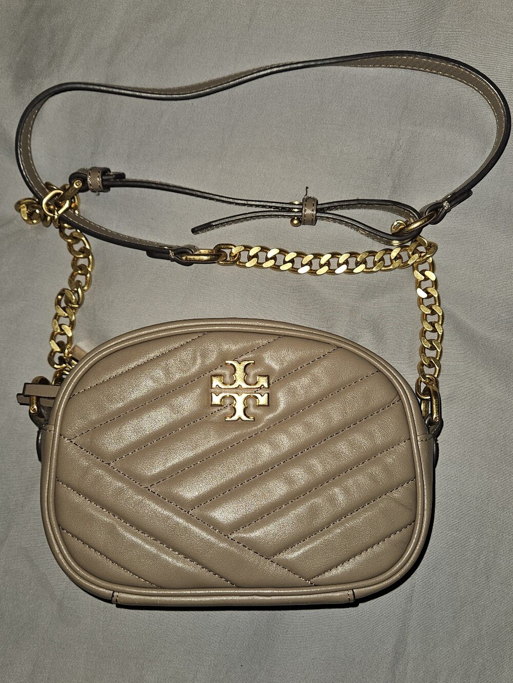 Tory Burch Taupe Quilted Chevron Leather Crossbody with Gold Chain